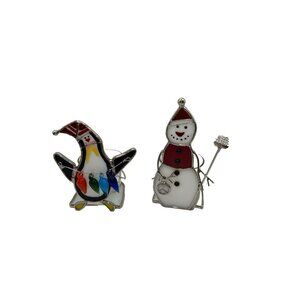 Penguin Snowman Stained Glass Votive Christmas Tea Light Holders Holiday